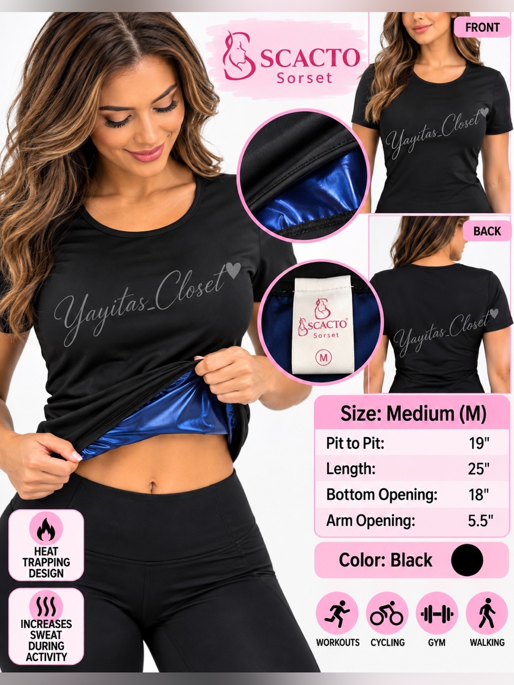 Scacto Women’s Heat Trapping Sauna Workout Shirt Black Medium